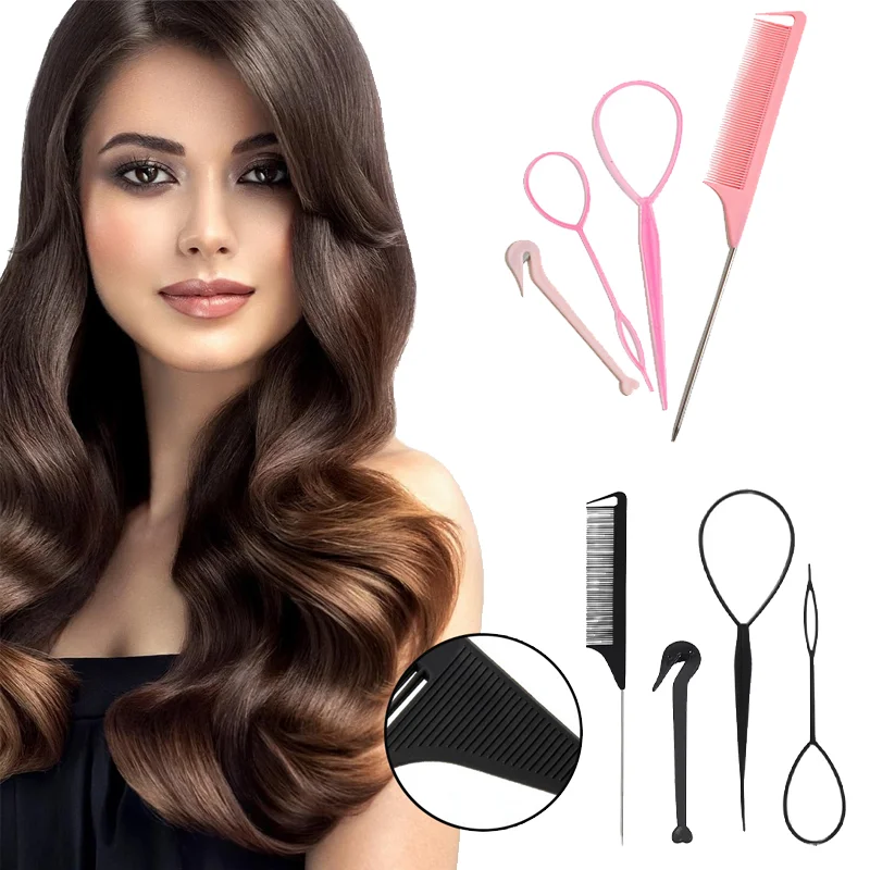 

4pcs/Set Hair Loop Tool Set 2pcs French Braid Tool Loop 1pc Rat Tail Comb 1pc Elastic Hair Bands Remover Cutter Hair Accessories