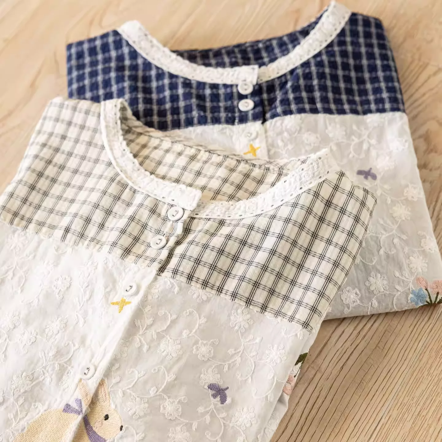 2026 Japanese clothing mori girl spring sweet lace embroider patchwork checkered shirts pure cotton kawaii women's plaid shirt