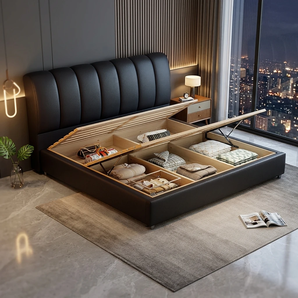 ^Modern French Tufted Soft Bed Headboard PU Leather Upholstery Pine Wood Frame Storage Space-Saving Durable Foam Queen/King Hote