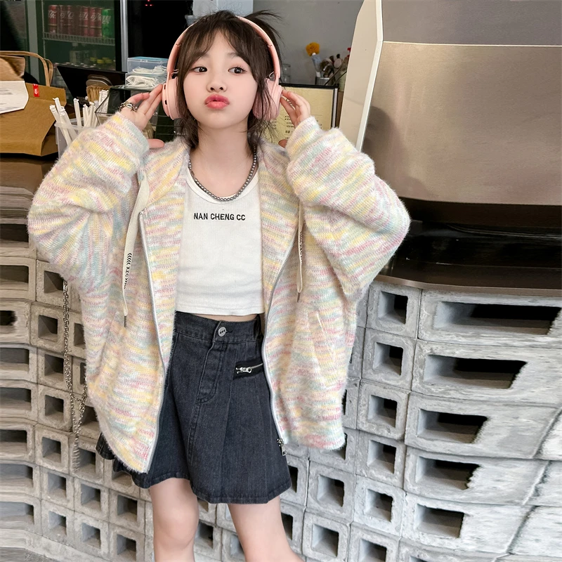 

Girls' Jackets With Rainbow Sweet Kids Girls Hooded Jackets Autumn Knitted Children's Clothing Casual Loose Girl Coats RM37