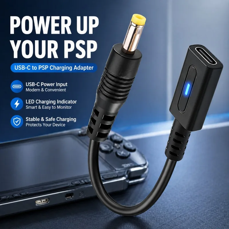 PD Type C Cable for PSP1000 2000 3000 Controller Charging Adapter USB C LED Convert Cord for Playstation Portable Power Cable