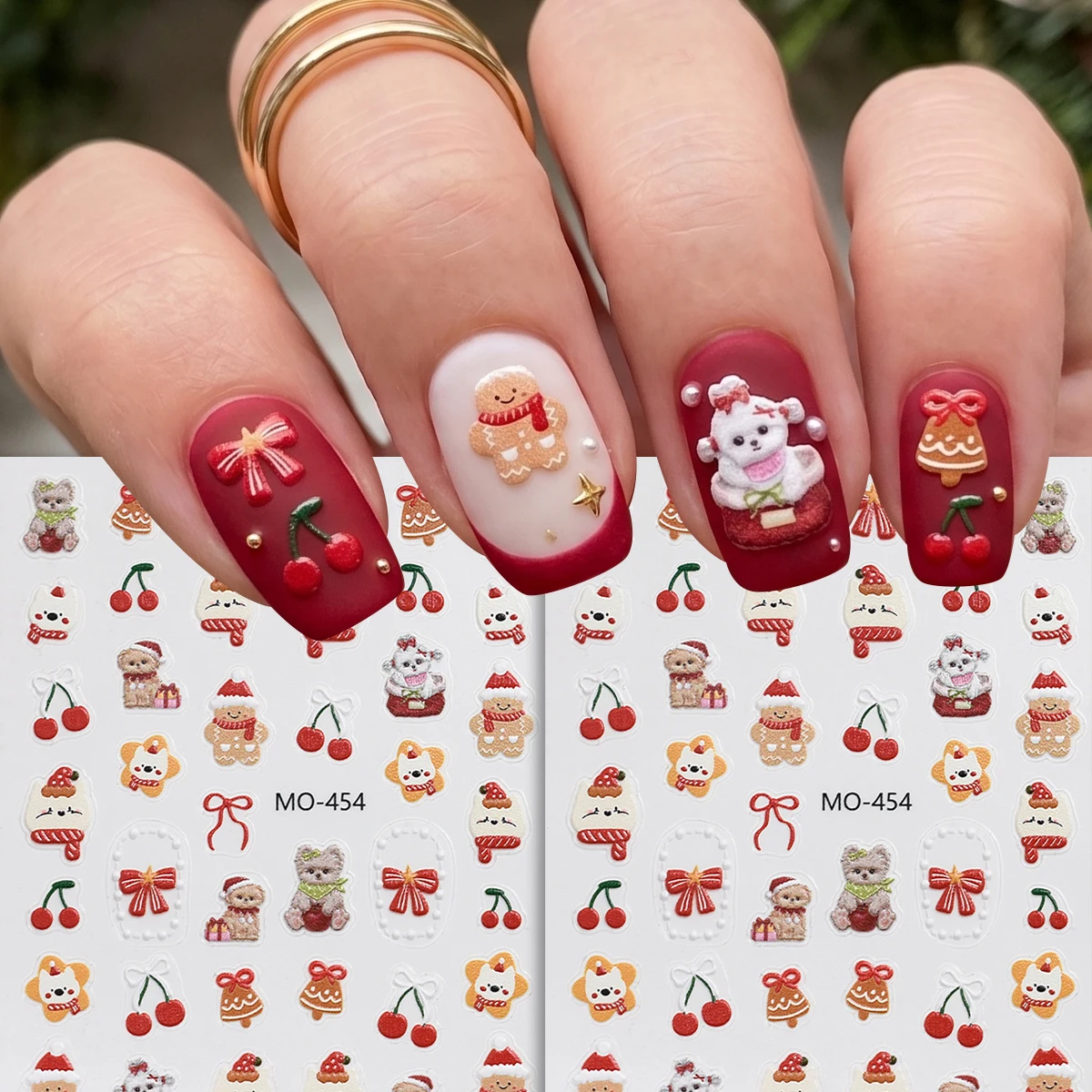 2 Sheets Cute Christmas 3D Nail Stickers Bow Dog Gingerbread Cherry Bear Nail Art Decals DIY New Year Christmas Nail Decorations
