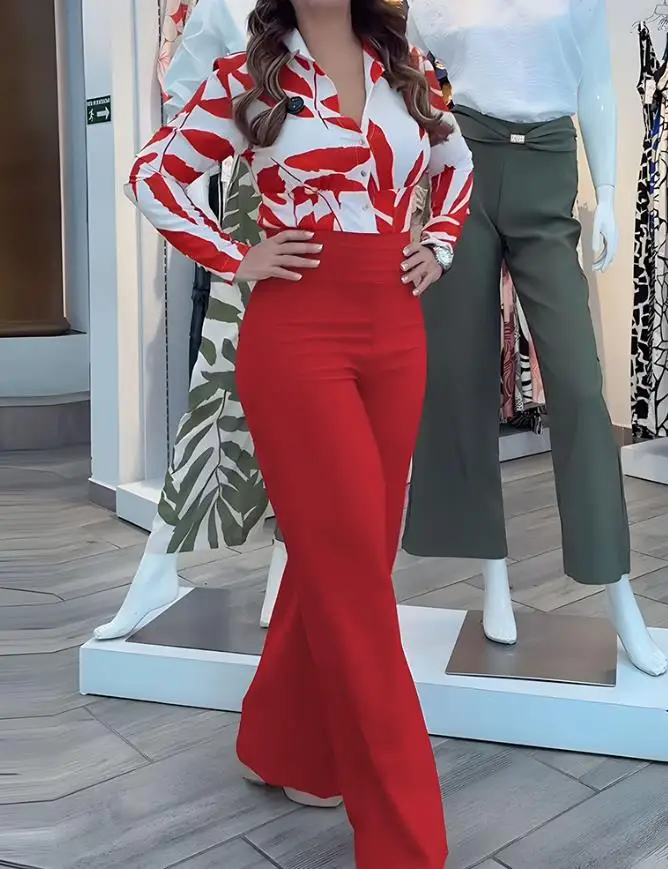 

Floral Print Blouse & High-Waist Pants Set: Turn-Down Collar, Long Sleeves, Casual with Zipper