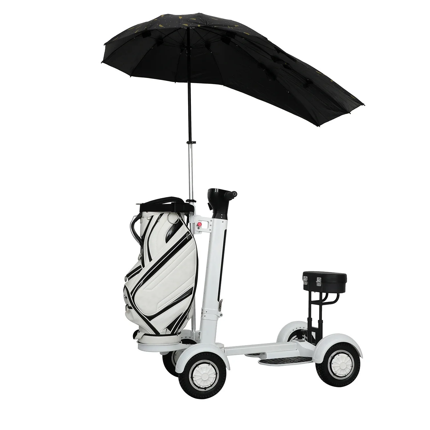 

Four-Wheel Golf Cart Aluminium Stainless Steel 30km Range Per Charge NFC Unlocking Foldable Design Seat Umbrella Golf Trolley