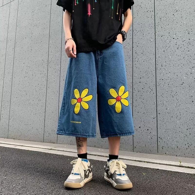 Trendy Flower Print Male Capri Denim Shorts Loose Jeans Chic Party Club Shorts America Vintage Punk High Streetwear Lovers Pants