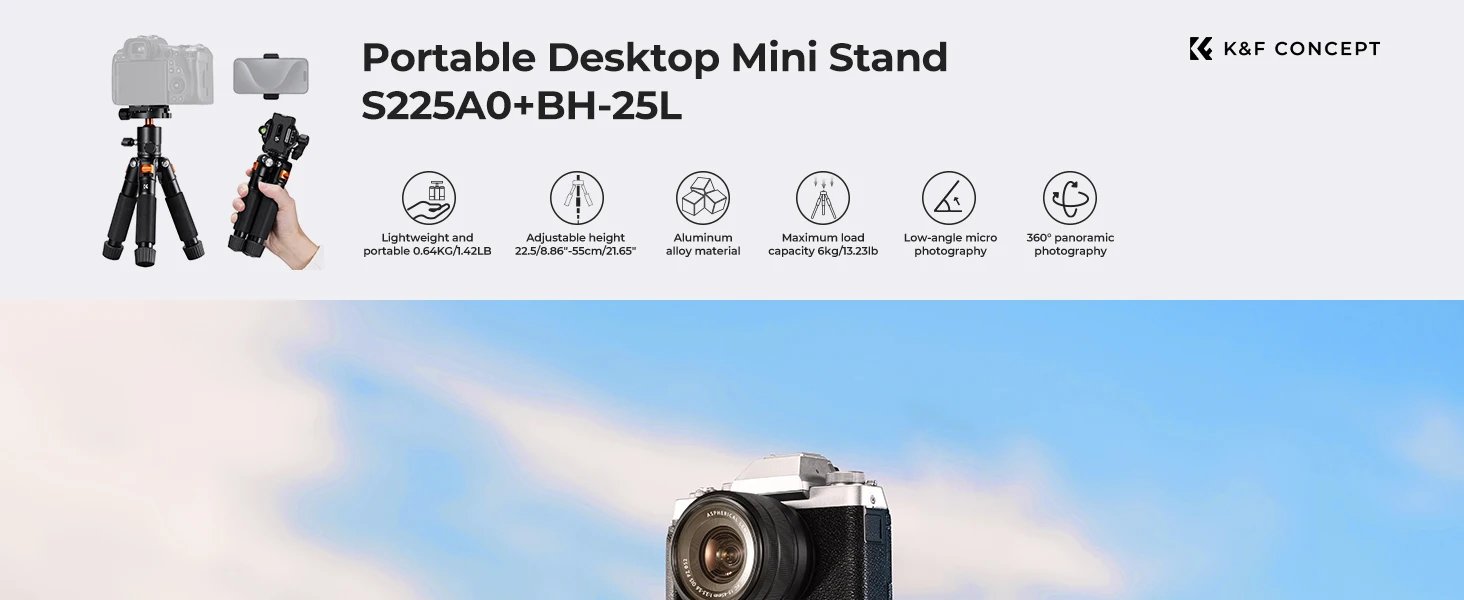 K&F CONCEPT Mini-Tischstativ 21,6'' Kompaktes kleines Stativ mit Kugelkopf, belastbar bis zu 6 kg, 1/4 Zoll Schnellwechselplatte – Detail 1