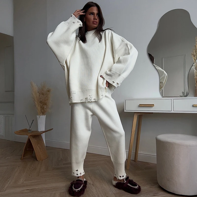 

Tornova Hollow Sweater Suit Female Knitted Pencil Trousers Turtleneck Pullover Sweater Loose Casual Sports Suit Female Pants Set