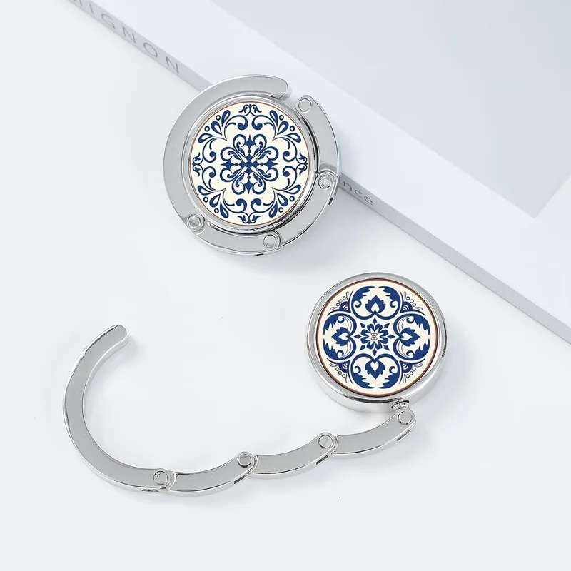 Foldable Metal Purse Hook with Blue and White Porcelain Design, Portable Round Bag Hanger for Desks, Tables and Travel