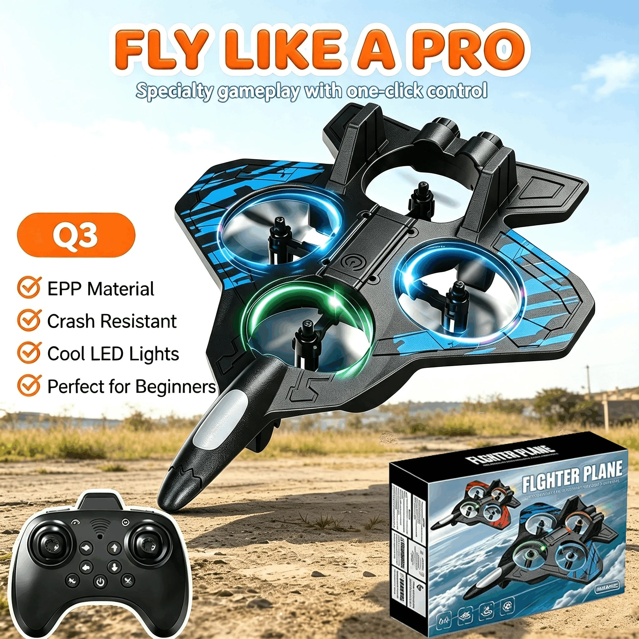 Q3 RC Fighter Plane Drone EPP Crash Resistant Foam Remote Control Aircraft with LED Lights One Key Takeoff Stunt Quadcopter Toys