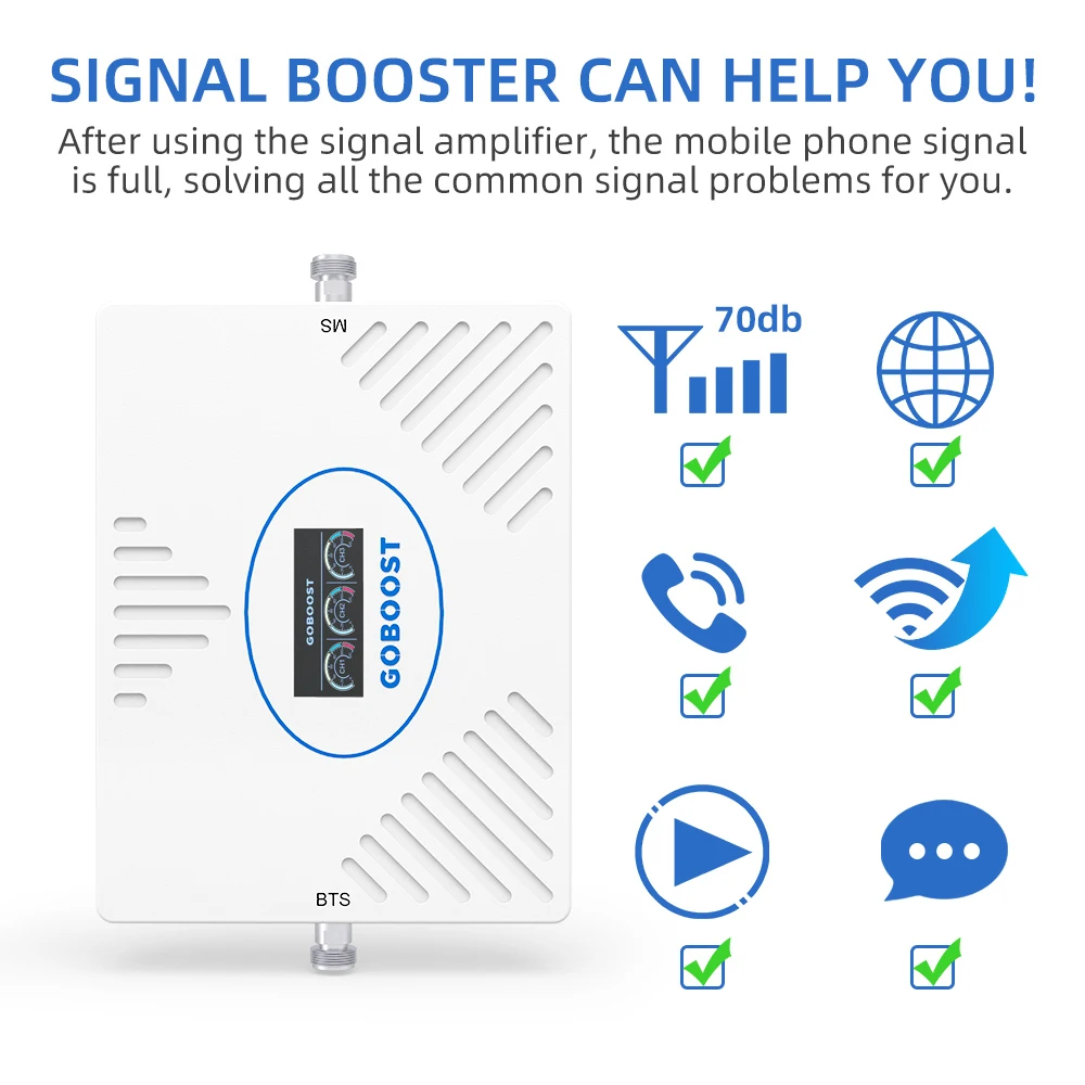 Imagem -04 - Goboost Signal Booster 70db Alto Ganho 2g 3g 4g Amplificador Celular 850 900 1700 1800 1900 2100mhz Repetidor de Rede para o Telefone