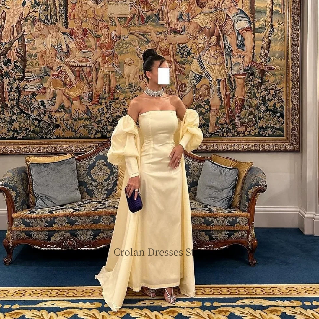 Vestidos de Noche sin tirantes con hombros descubiertos, vestido de cóctel elegante con espalda descubierta y mangas largas abombadas, vestido para ocasión Formal amarillo, nuevo