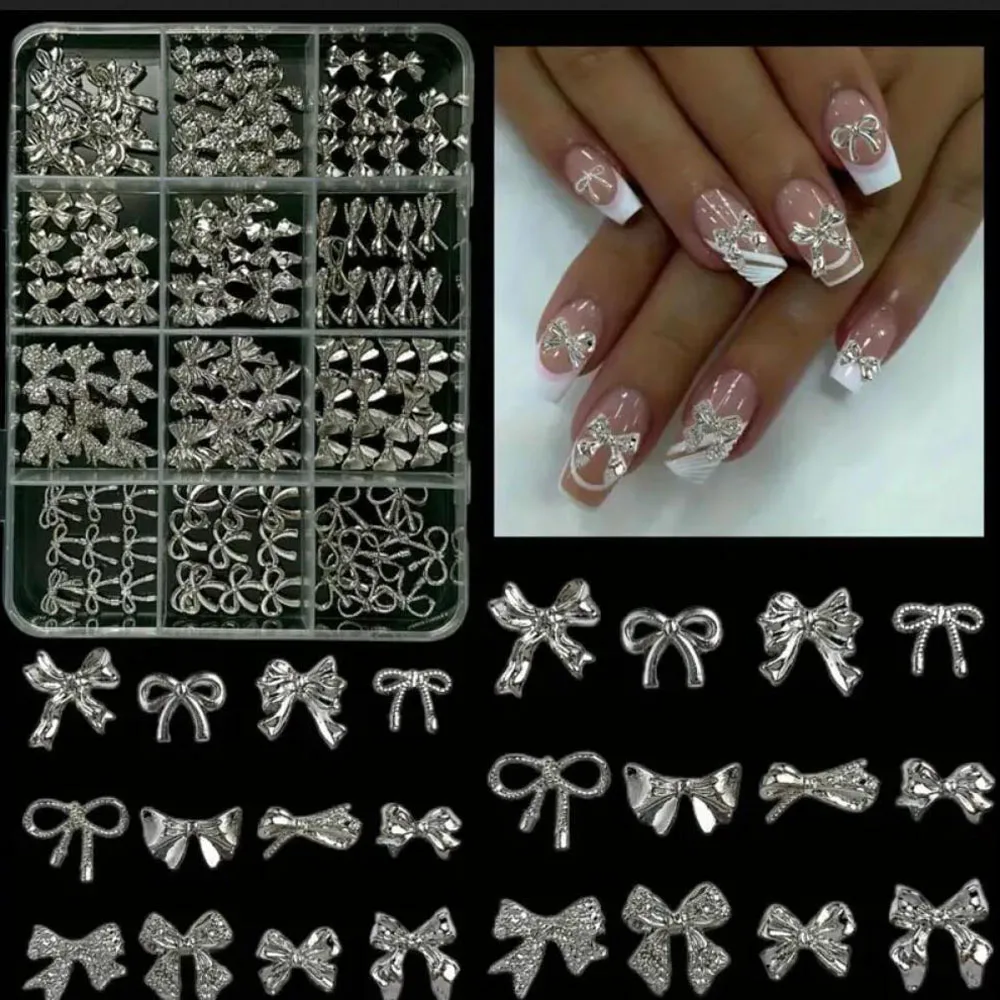12Grids 3D Luxury Alloy BowsTies Nail Art Charms Minimalist Silver Ribbon Line Bows Wings Mixed Nail Decorations DIY Silver Nail