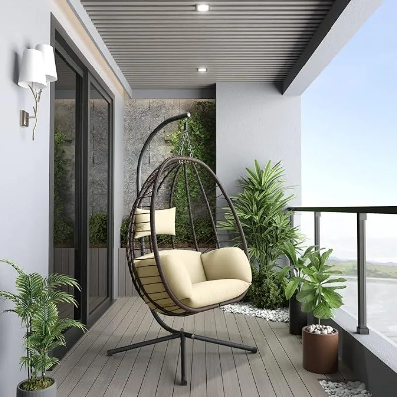 Egg Swing Chair Outdoor Indoor Wicker Rattan Hanging Chair with Stand 350lbs Capacity w/Strong Frame & Cushions