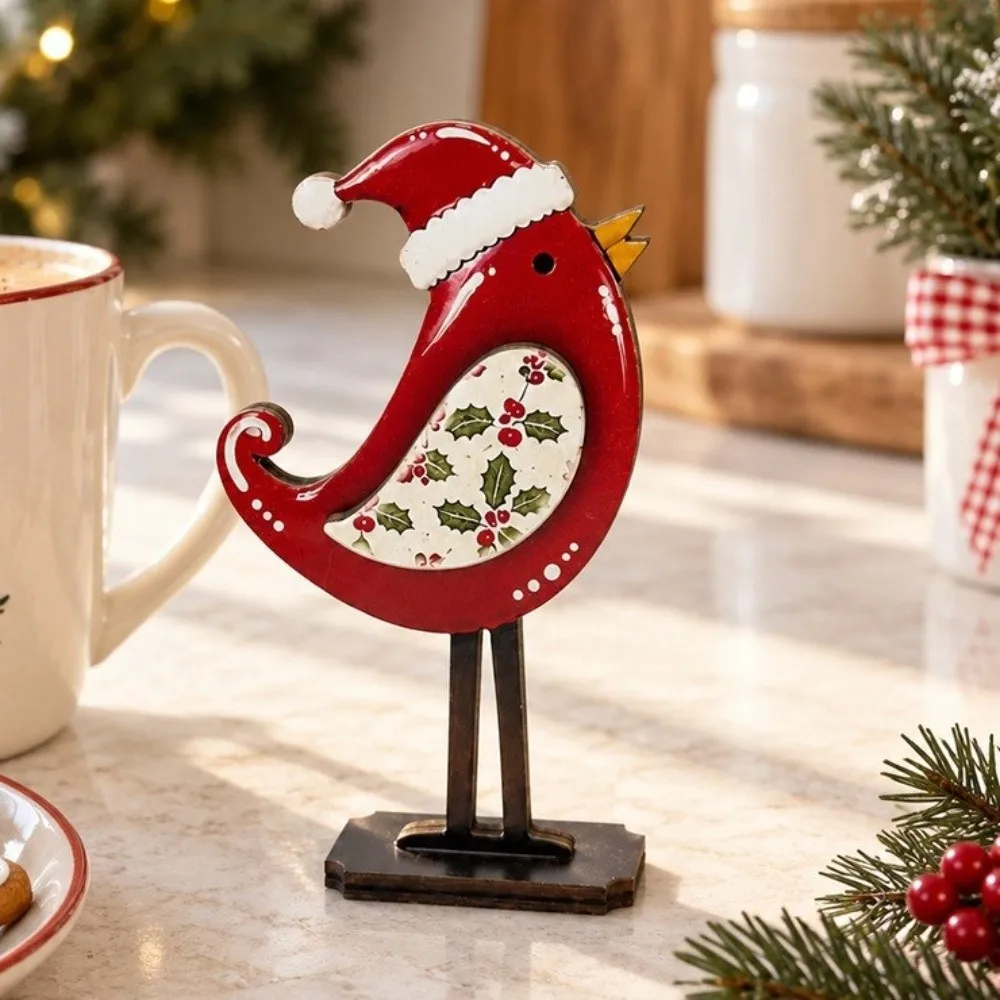 Wooden Christmas Bird Statue 2D Flat Long Legs Bird Figurine Ornament Vintage Stable Base Xmas Bird Figurine Tabletop