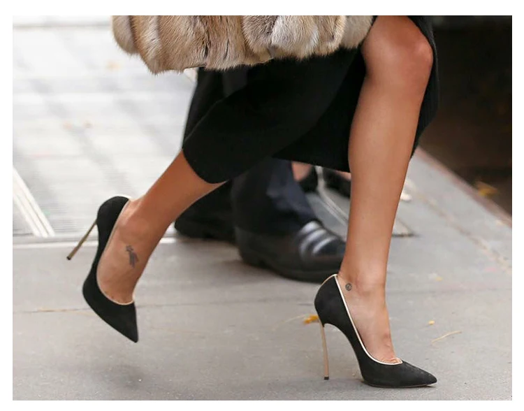 Lady Gold Edge Suede Blade Heel Pumps Woman Metal Stiletto High Heels Pointed Toe Low Cut Slip On Celebrity Party Shoes