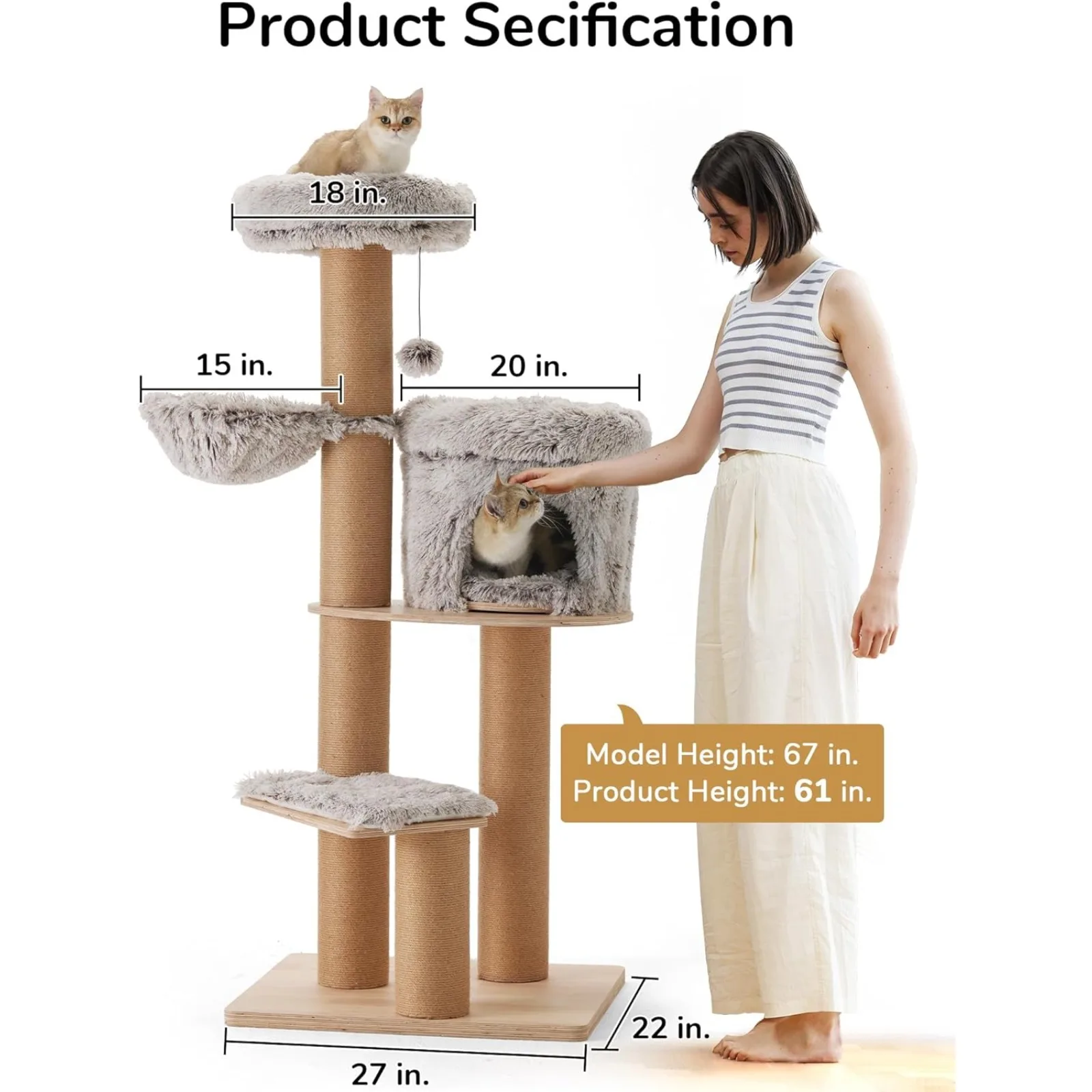 US Cat Tree, 61 Inch 5 in 1 Cat Tower for Indoor Cats, Plush Multi-Level Cat Condo with 6 Scratching Posts, Detachable and