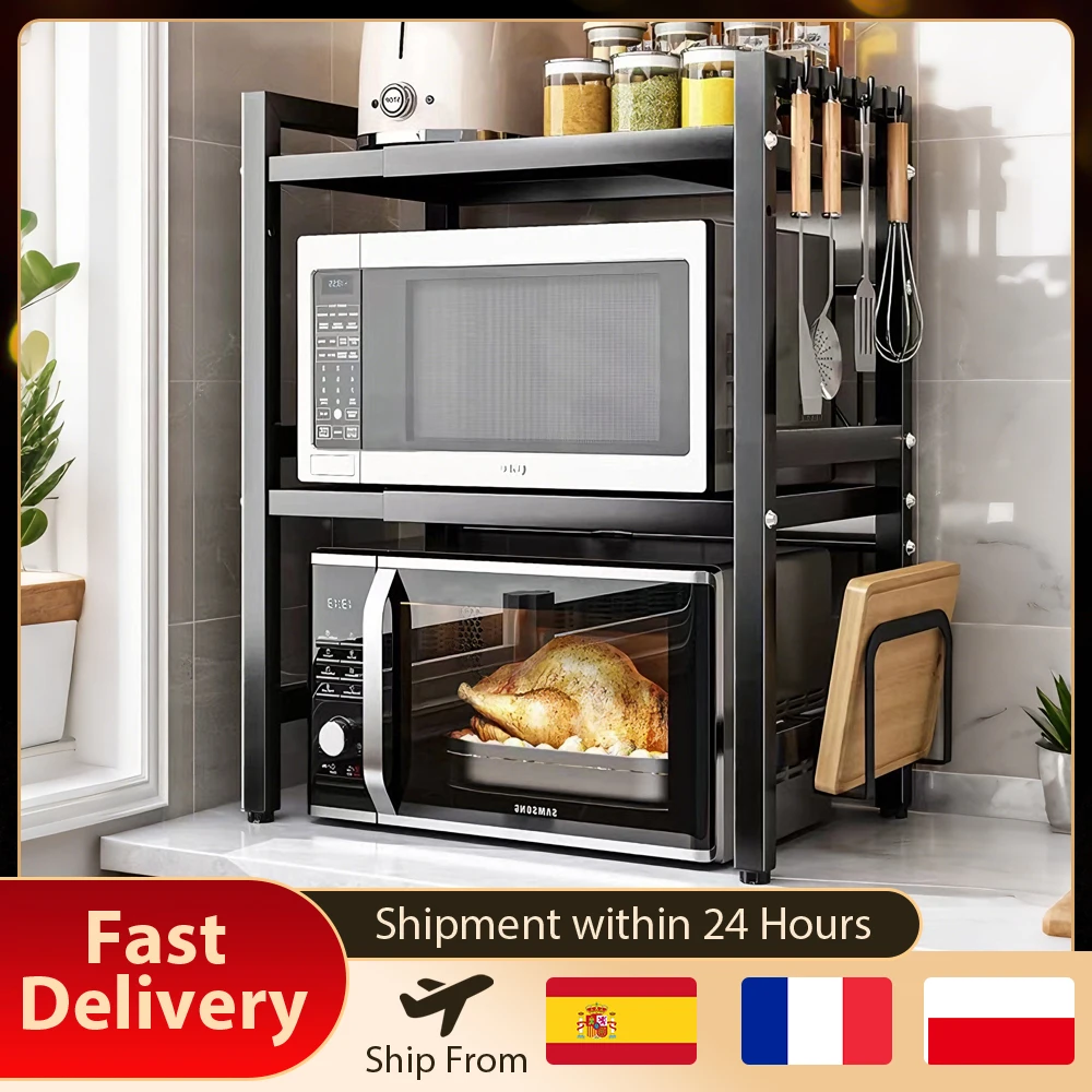 Étagère de cuisine rétractable en acier au carbone épaissi, support pour micro-ondes, four, cuiseur à riz, rangement domestique 3 niveaux avec 6 crochets