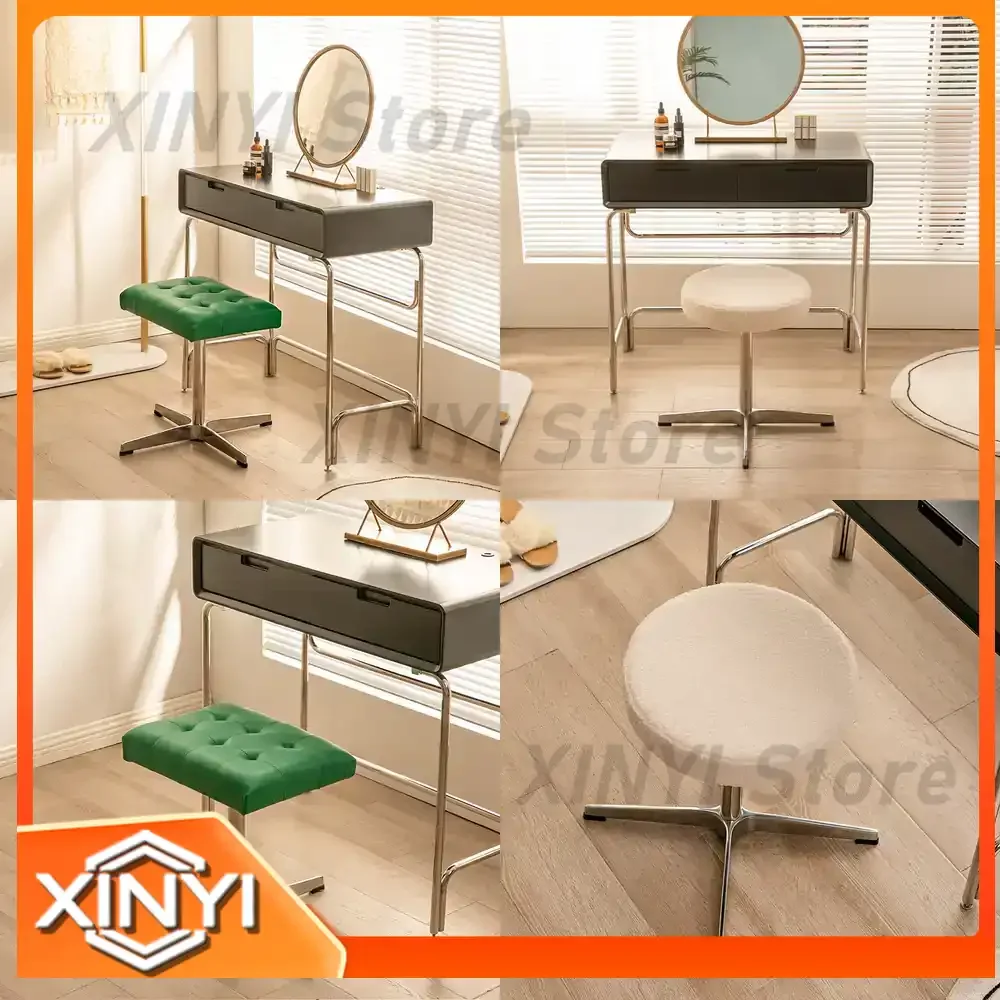 Nordic Shaggy Makeup Stool for Home Use Wabi Sabi Style Living Room Round Pouf Low Footstool Vanity Stool Mid Century