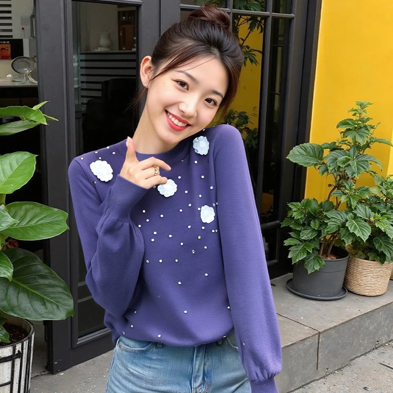 

Korean Sweet Flower Beaded Long Sleeve Loose Casual Knitted Sweater For Women