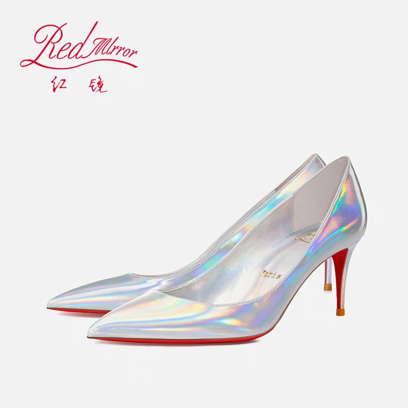 2024 New Red Bottom Pointed High Heels Women\'s Fine Heels Colorful Laser Silver Sexy Party Shallow Mouth Banquet Single Shoes