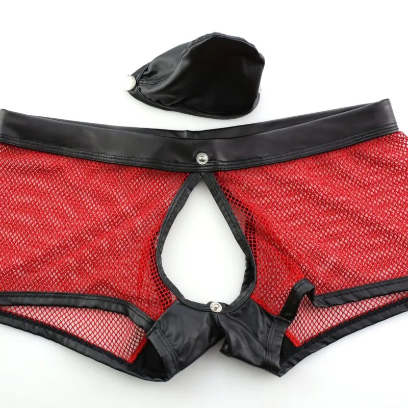 Mens Sexy Underwear Pu Leather Boxer Shorts Sheer Mesh Open Crotch Erotic Lingerie BDSM Fetish Panties Ropa Interior Erotica