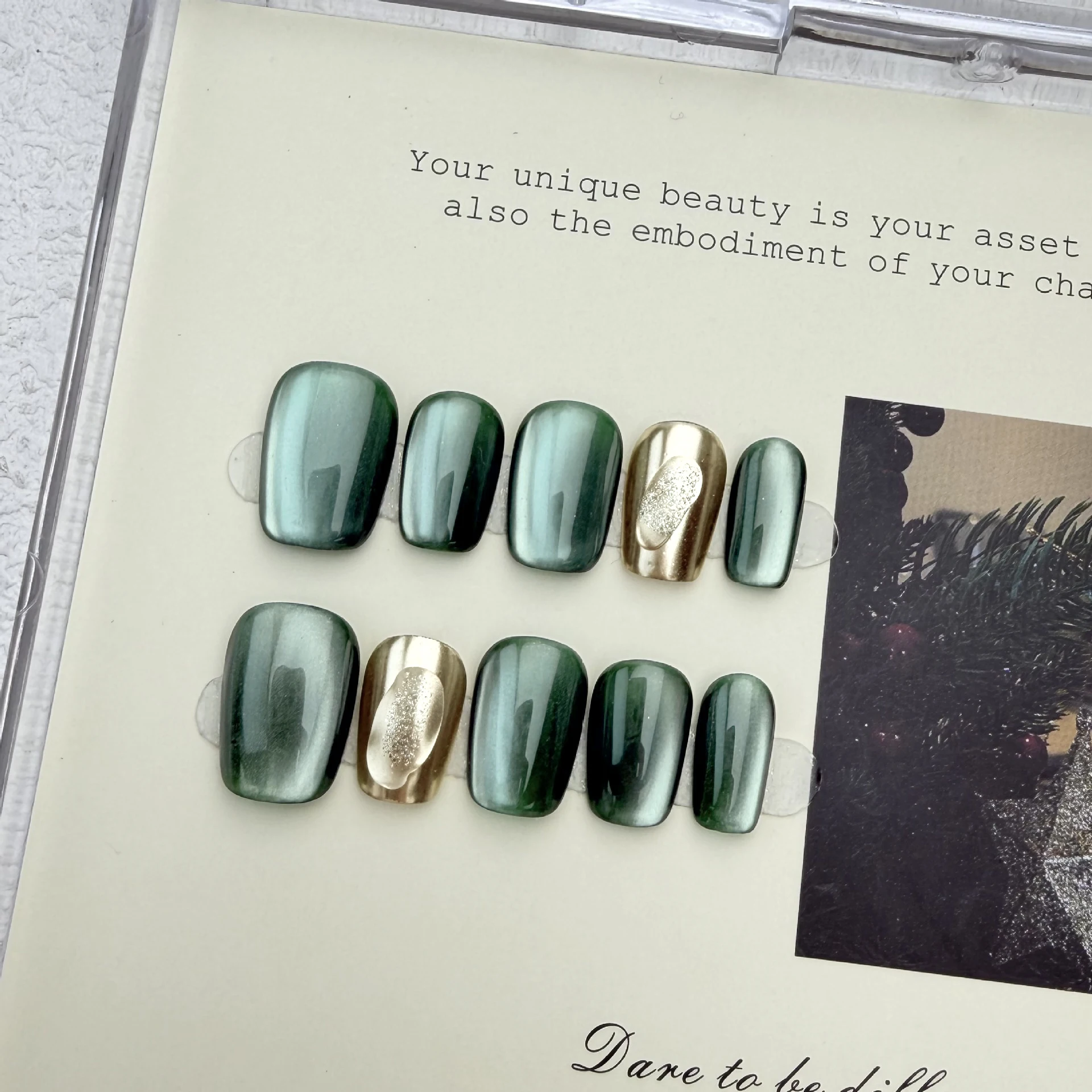 10 قطعة/الحقيبة الأحمر نمط الأزهار الأخضر المغناطيسي الذهب الكروم تأثير اليدوية الصحافة على الأظافر قصيرة مربع انفصال الأظافر كاذبة #2