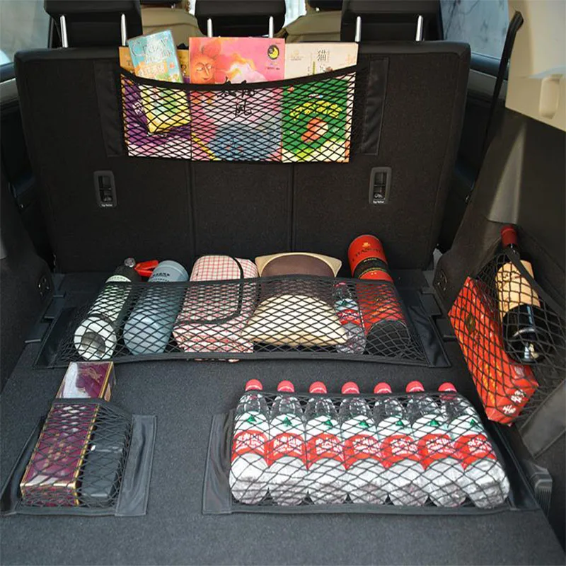 Universal Trunk Organizer Rear Trunk Back Seat Cargo Mesh Net Bag Flexible Nylon Car Storage Wall Sticker Pouch Bag