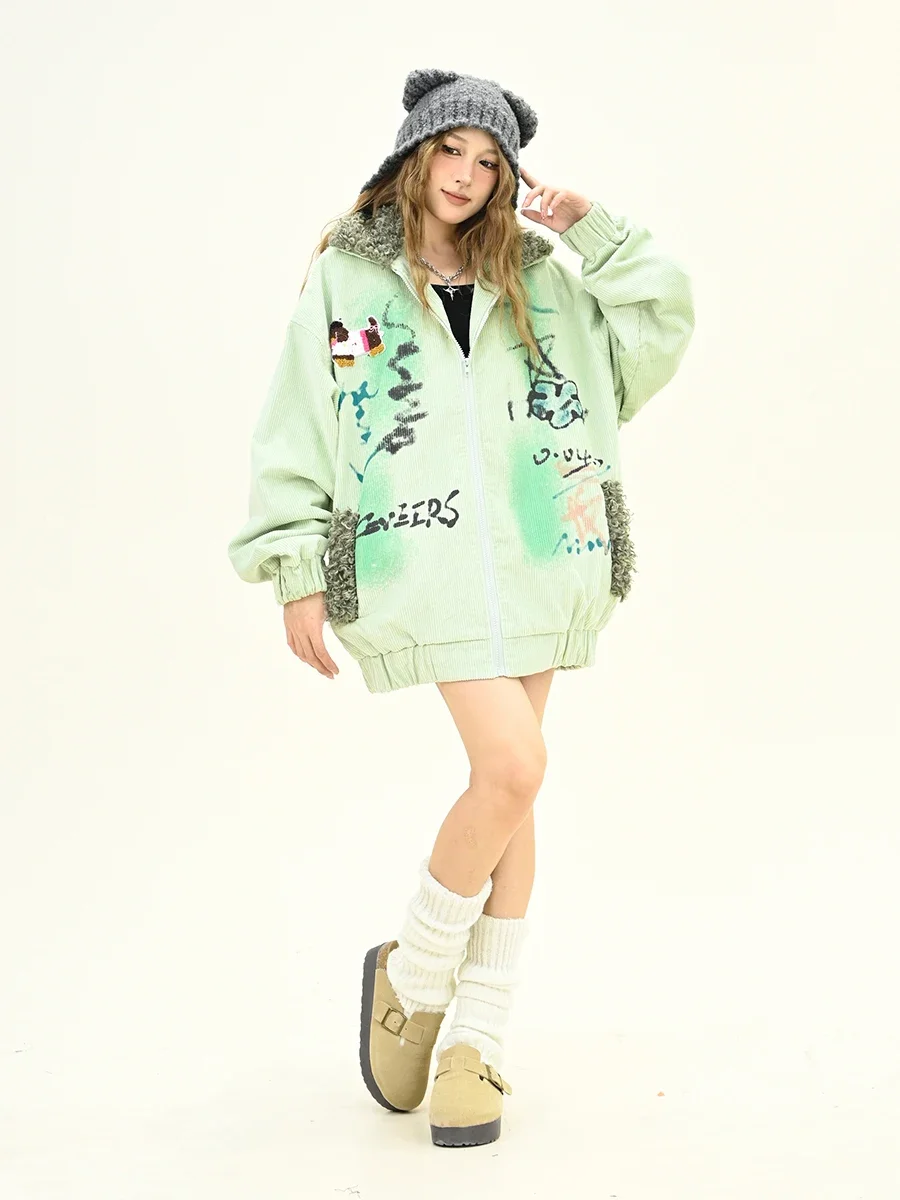 Dopamine Graffiti Cartoon Fur Collar Parkas for Women, American Street Coat, Loose Bf, Winter, New, 2024