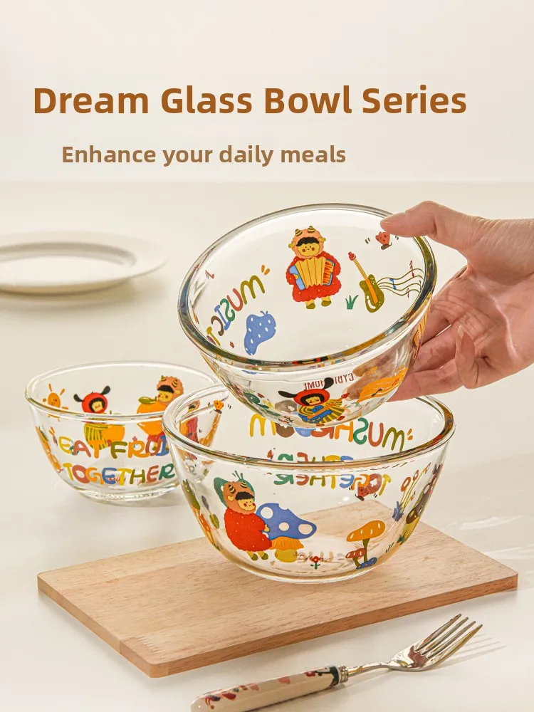 

Утолщенная мультяшная миска из высокопрочного боросиликатного стекла для взбивания яиц, салатница для фруктов, миска для завтрака и йогурта, для домашнего использования, подходит для микроволновой печи