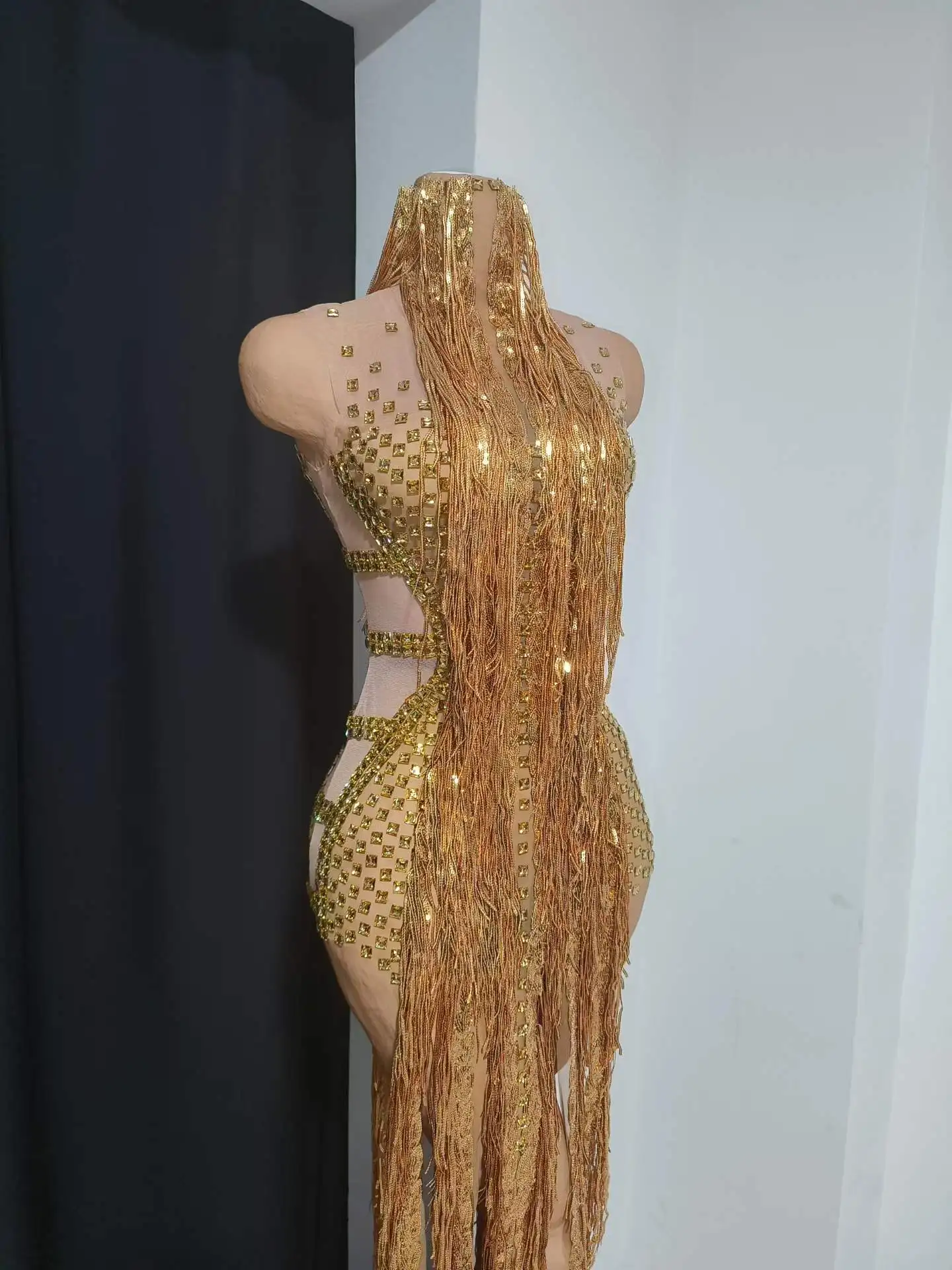 

Women Gold Rhinestone Fringe Sexy Stylish Mesh Sheer Birthday Show Performance Costume 2026 Dress