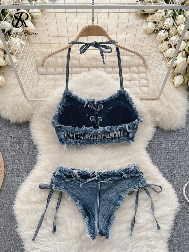 SINGREINY Retro Women Bikini Denim Suits Summer Halter Camis+ Mini Pant Lingerie Fashion Vacation Swimsuits Sexy Bra&Briefs Sets