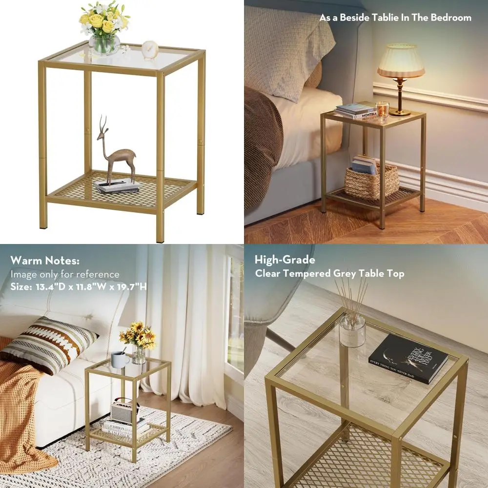 

Compact 2-Tier Gold End Table for Small Spaces, 13.3x11.8x19.7, Modern Nightstand with Metal Frame, Easy Assembly