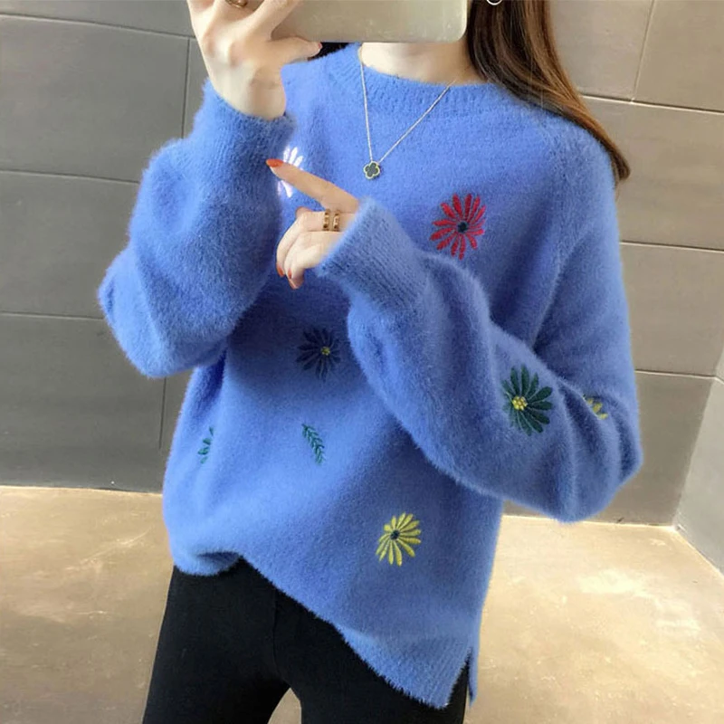 

Fashion 5 Color Mink Cashmere Embroidery Knitted Sweater Women Slim Short Pullover Korean Long Sleeve O Neck Knit Tops Female