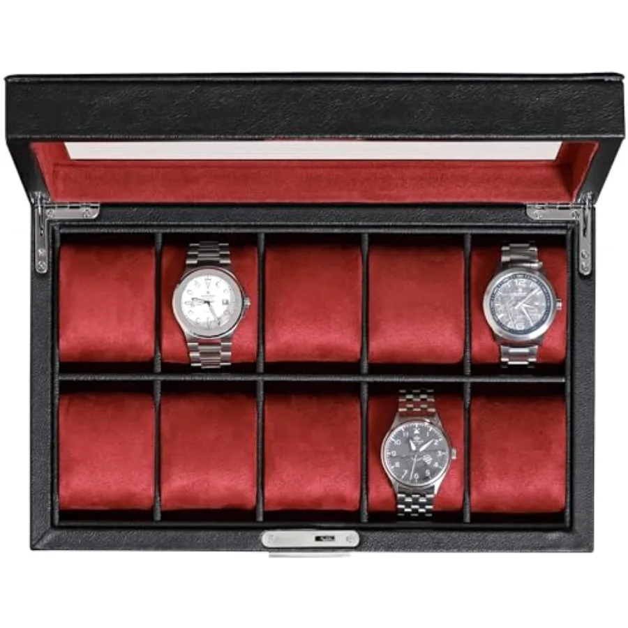 

10 Slot Leather Watch Box - Luxury Case Display Jewelry Organizer - Locking Watch Display Case Holder with Large Glass Top - Bo