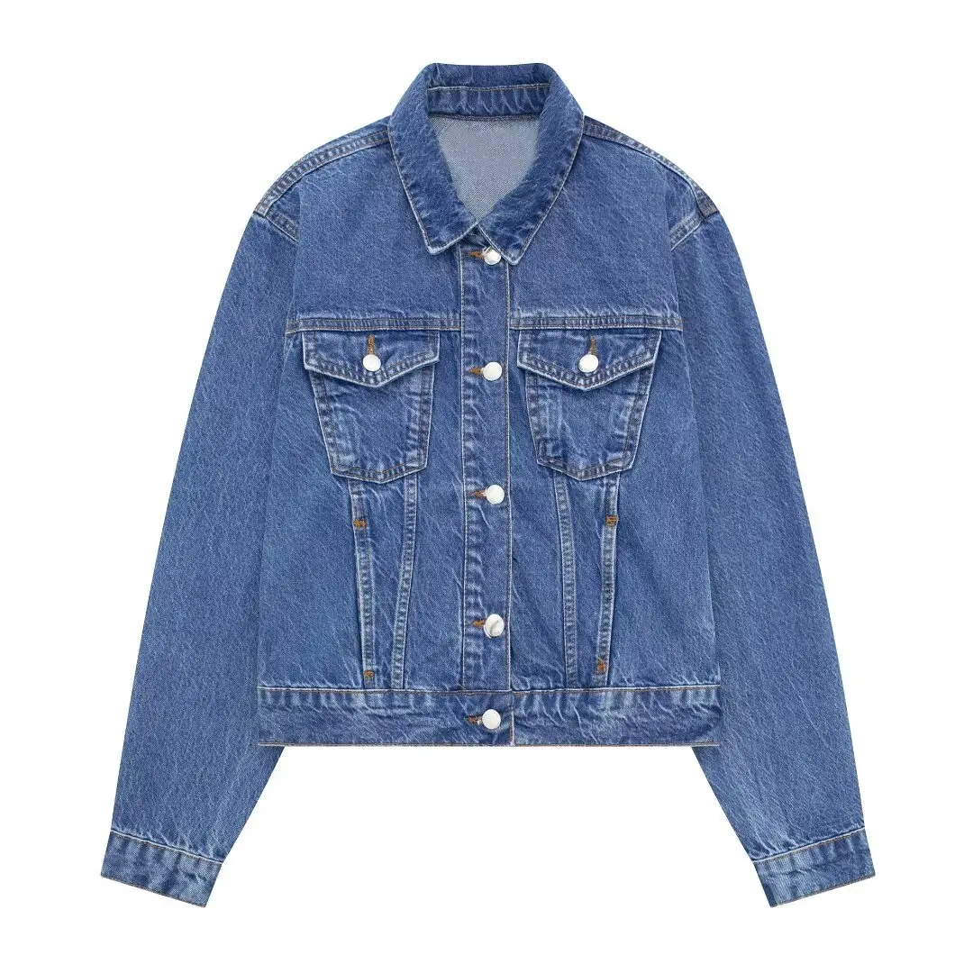 

TRAFZA 2024 Women New Denim Coat Woman Fashion Long Sleeves Loose Cropped Top Female Chic Vintage Elegant Jacket Tops Mujer TRAF