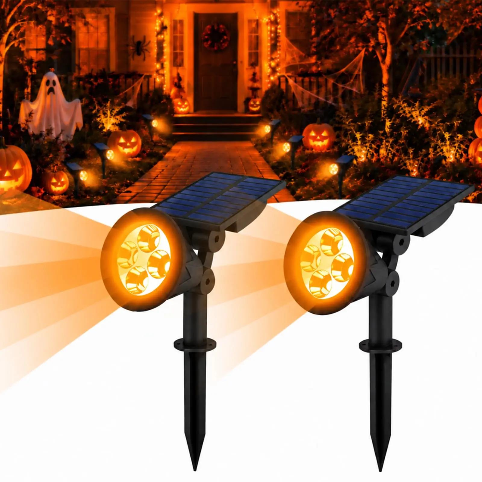 2 Packs Orange Solar Spotlights Halloween Solar Lights Outdoor IP65 Waterproof Dusk to Dawn Solar Lights for Tree, Patio, Yard