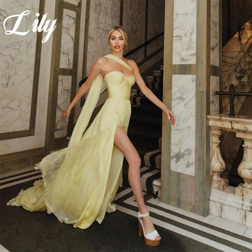 Lily Yellow Prom Dress One Shoulder Sleeveless Evening Dress Pleats Satin Party Dress Sexy Side High Slit A-Line Robe De Soirée