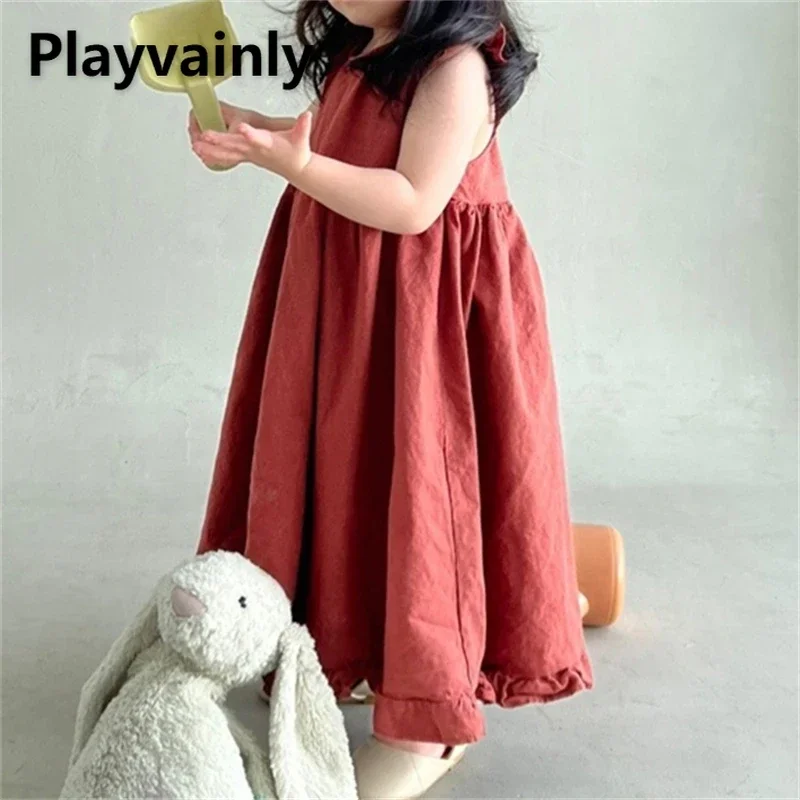 

Korean Style Summer Girls Vest Dress Red Khaki Back V-neck Sleeveless Ruffle Edge Princess Dresses Loose Kids Clothes E1158