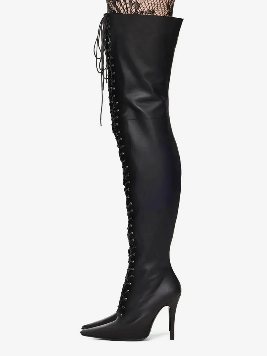 2024 Women Sexy Over The Knee Boots Sexy Fashion Lace Up  High Heel Thigh Boots Black Ladies Long Boot 44