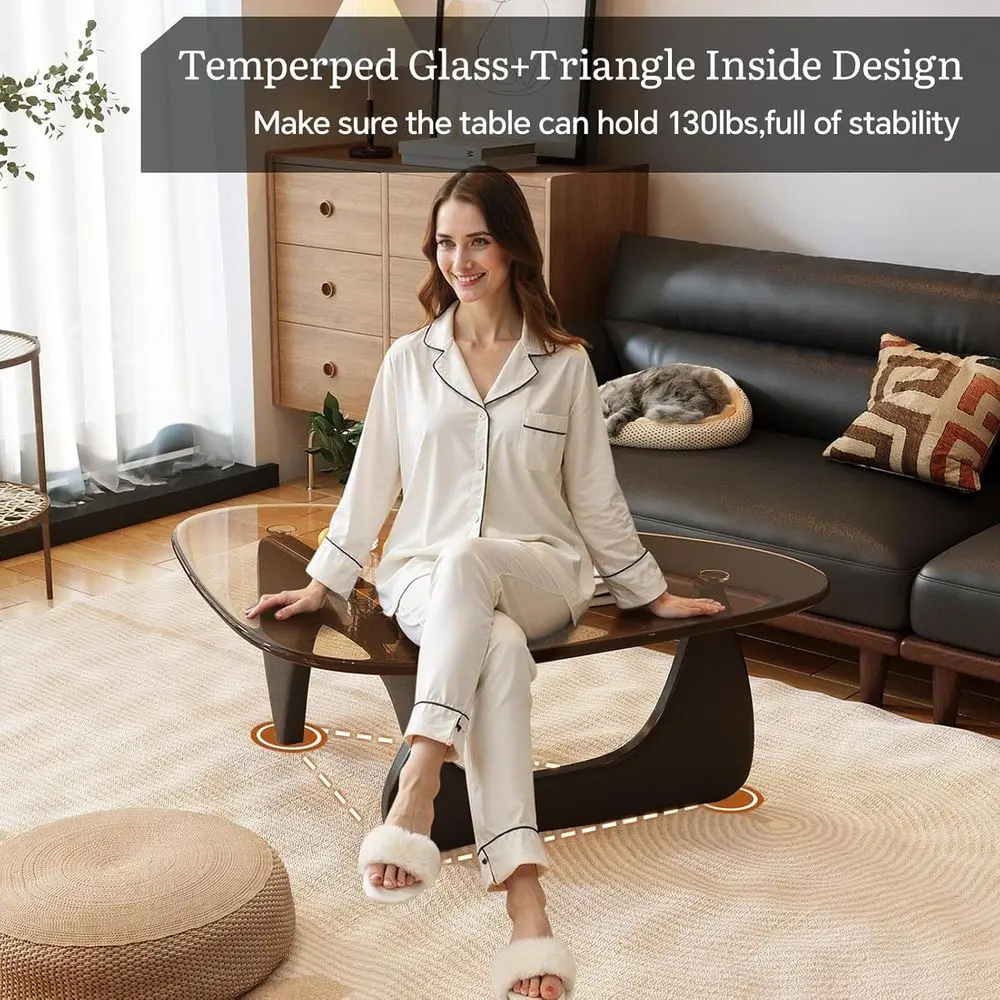 Mid-Century Modern Living Room Coffee Table with Glass Top, Brown Walnut Wood