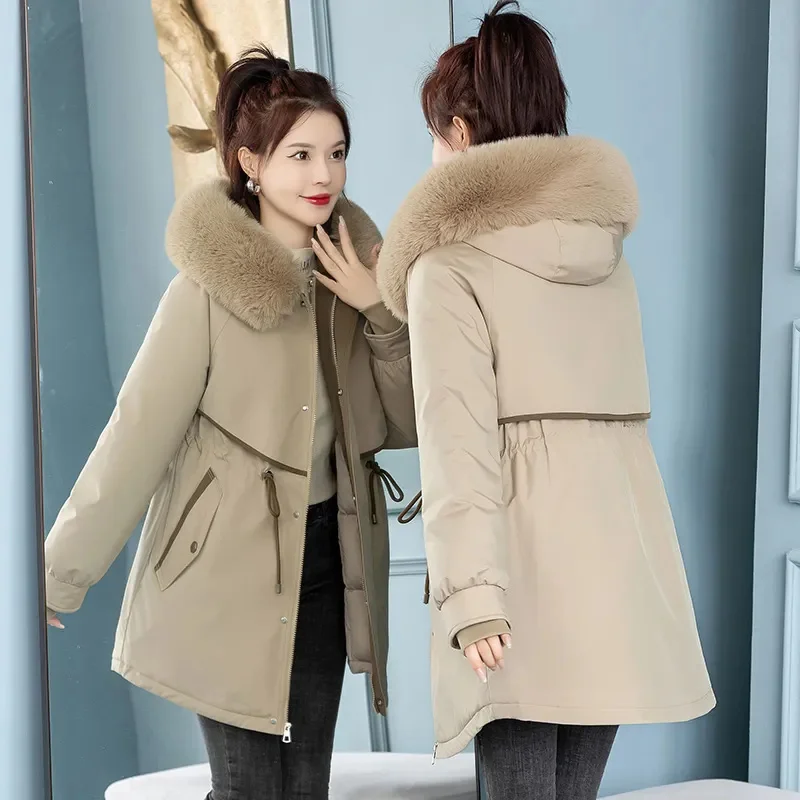 Women\'s Parker Medium Long Inner Detachable Hooded Coat 2024 New Cotton Jacket Thicken Winter Coat Female Warm Parkas Overcoat