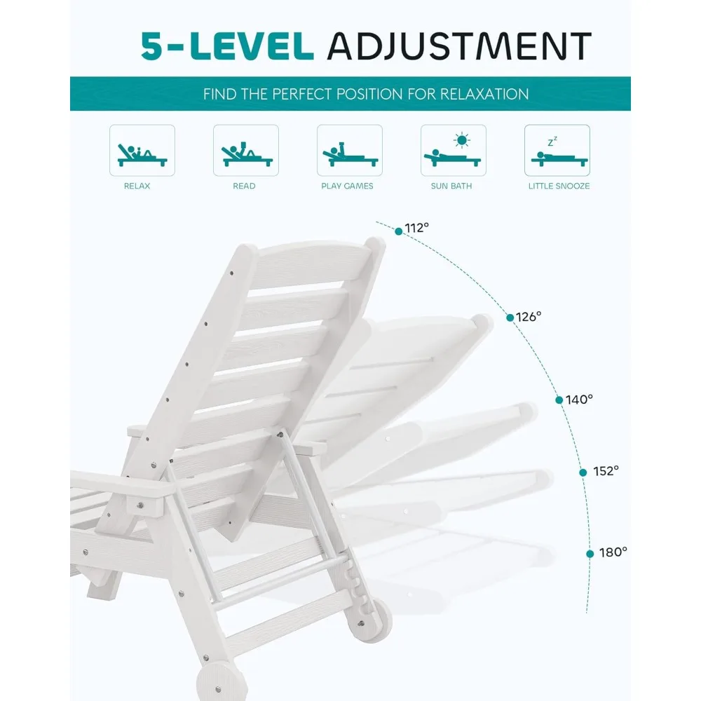 Espreguiçadeira externa ajustável, 78 longas HDPE 5 posições espreguiçadeira de pátio com rodas giratórias, material poli para relaxar confortável