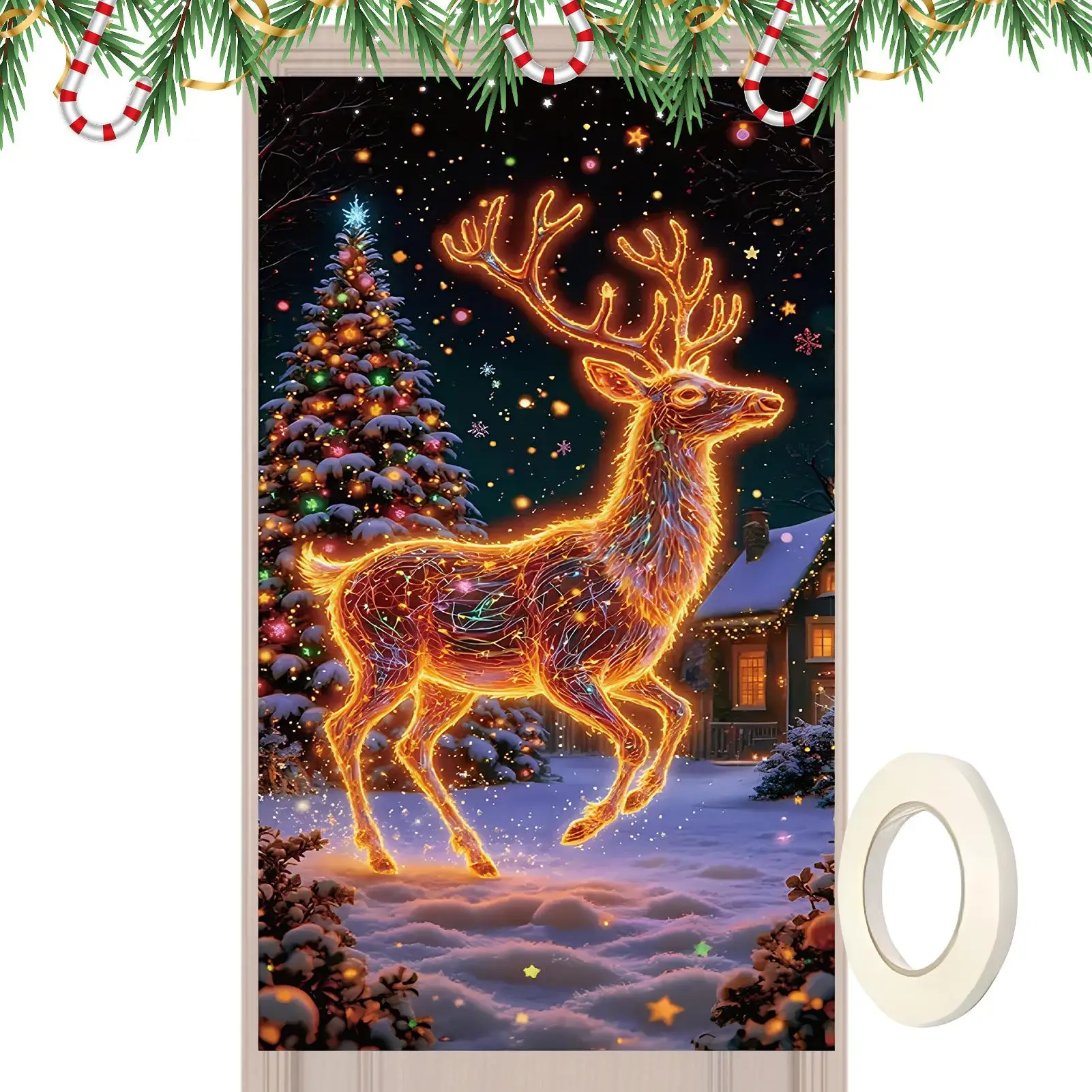 Cubierta navideña para puerta delantera, suministros fluorescentes para fiestas, pancarta familiar para puerta delantera, porche, granja, interior y exterior, 70x35 pulgadas