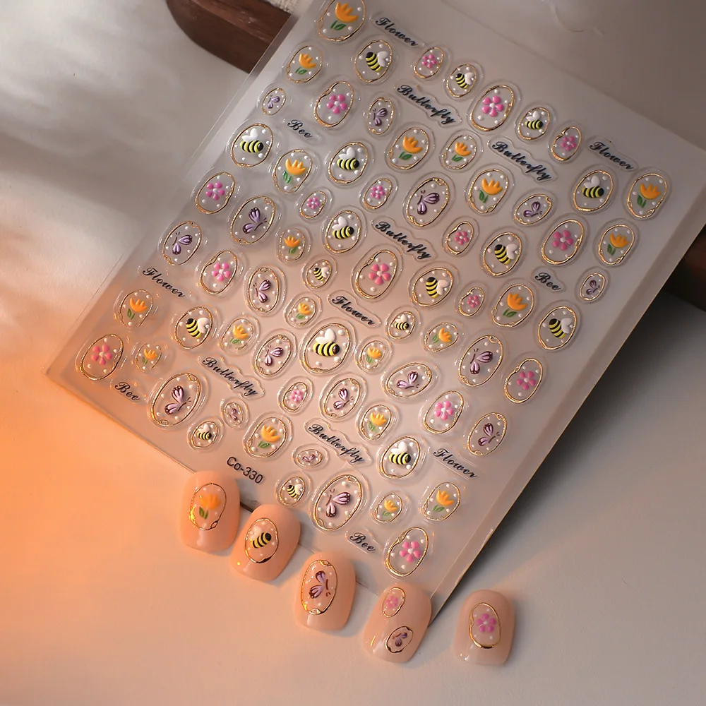 5d em relevo abelha e flor adesivos de unhas ins estilo pastoral adesivo de unhas decalque autoadesivo para acessórios de arte de unhas decoração