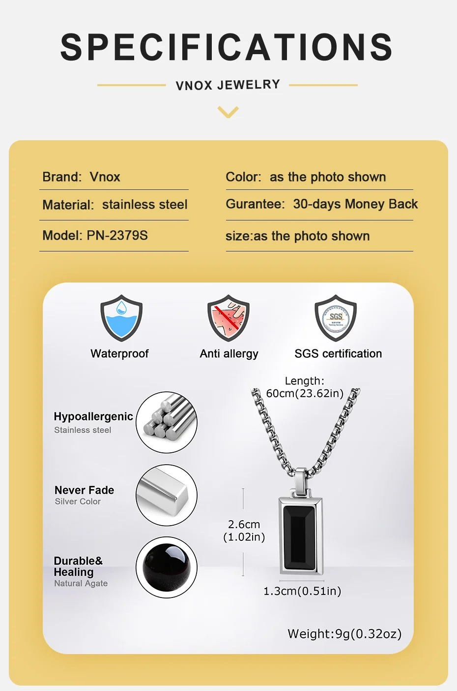 Vnox Edelstahl-Halskette mit rechteckigem Anhänger für Herren, Tigerauge, schwarzer Onyx, Naturstein-Anhänger, Kastenkette, Schmuck, Geschenk – Detail 5
