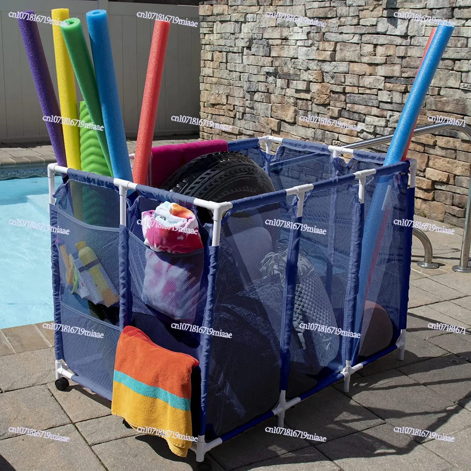 Breathable Mesh Removable with Wheels Three-grid Outdoor Poolside Storage Frame Storage Rack All-plastic Swimming Pool Rack