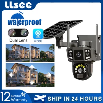 LLSEE V380,4K 듀얼 렌즈, 10X, 실외 보안 IP 카메라, 무선 WIFI 태양광 폐쇄 회로 텔레비전, 4G SIM 태양광 카메라, CCTV