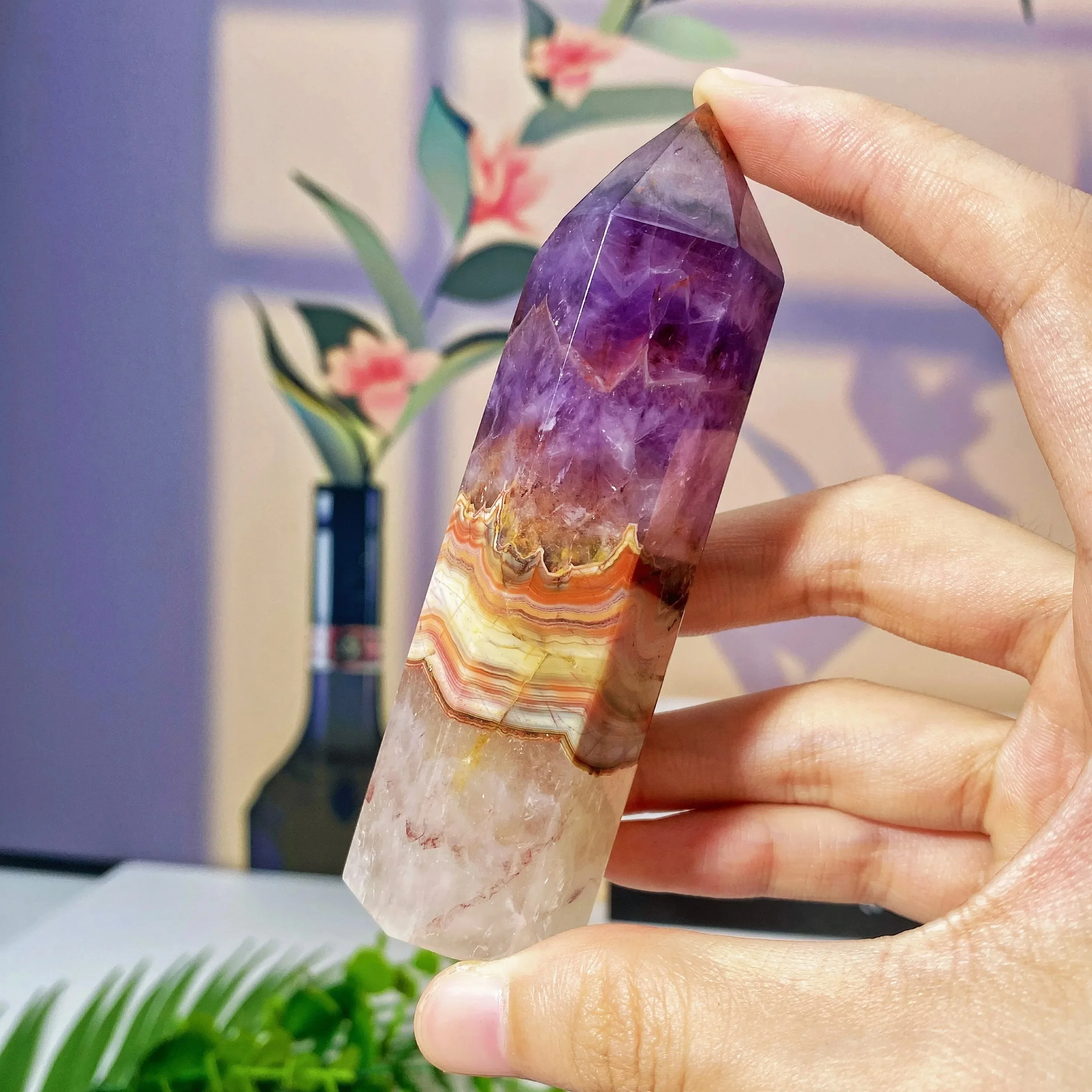 1pc Natural Amethyst Lace Agate Tower, Featuring Crazy Lace, An Exceptional Blend, Ideal for Home Decor, Vibrant Stone Tower