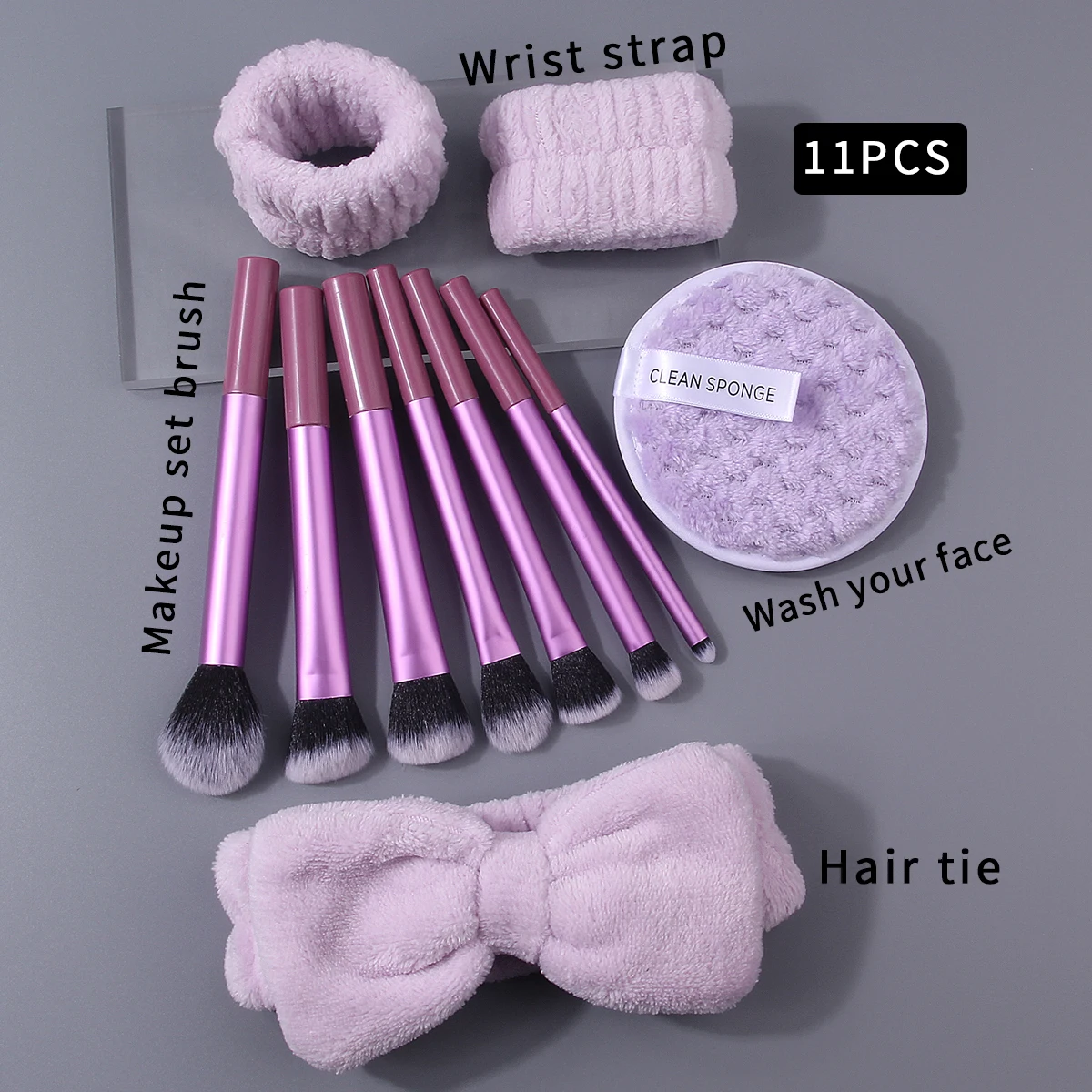 11PCS portable multi-purpose makeup brush set, bow-shaped hairband wrist strap, thickened cleansing powder puff beauty tool