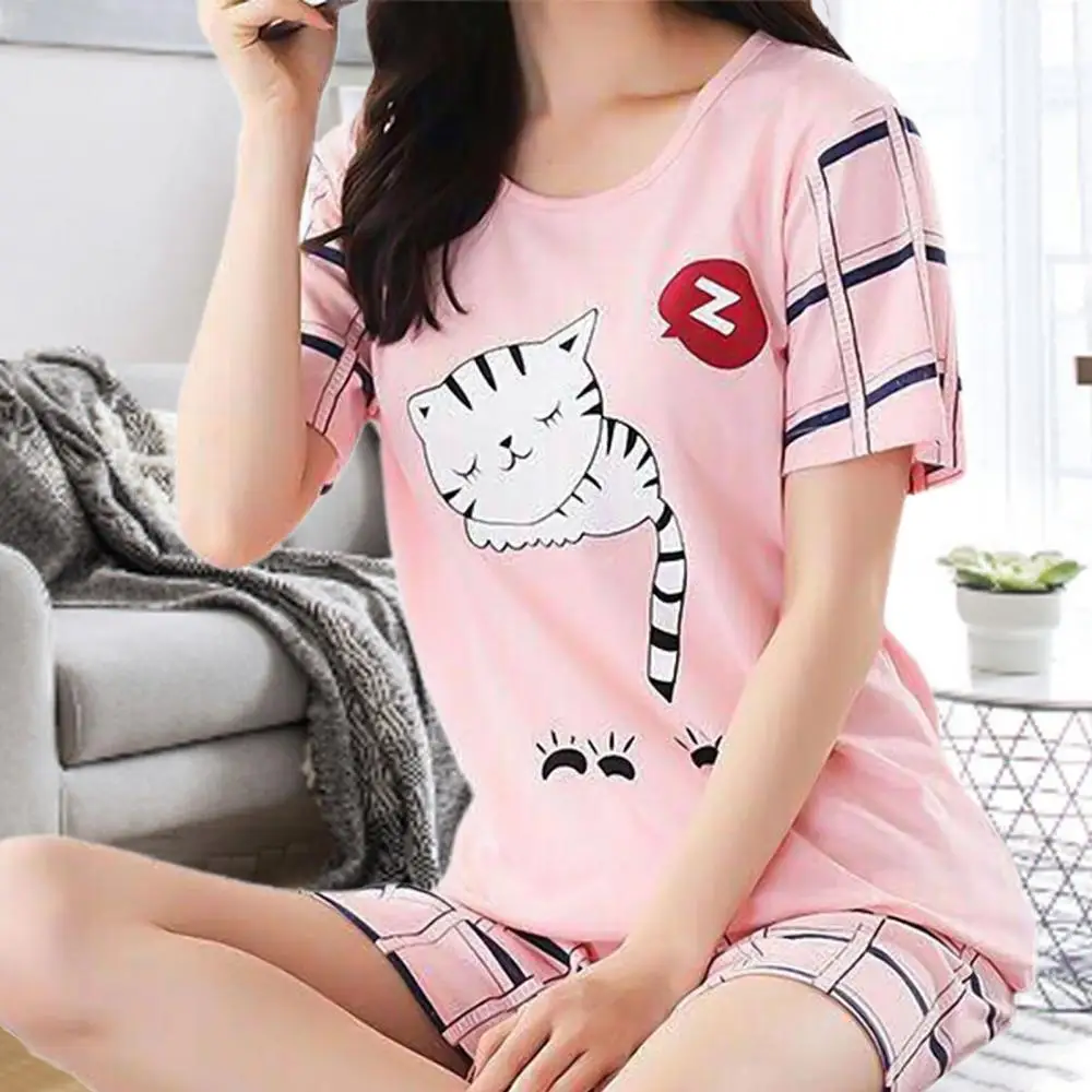 Homwear Outfit Set Sweet Fashion Summer Pajamas Summer Cartoon Cats Print Pajamas Set for Indoor